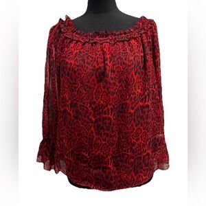 INC Women’s Long Sleeve Red & Black Animal Print Blouse, Sheer, Lined, Medium